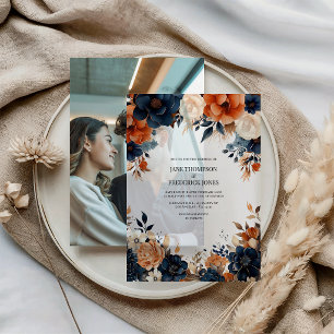 Navy Blue, Burnt Orange & Champagne Floral Wedding Vellum Invitations