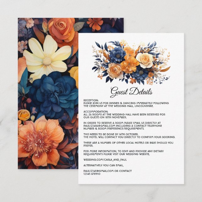Navy Blue, Burnt Orange & Champagne Guest Details Enclosure Card (Front/Back)
