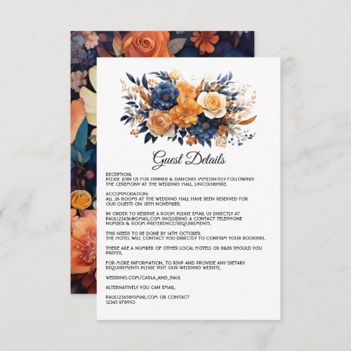Navy Blue Burnt Orange  Champagne Guest Details Enclosure Card