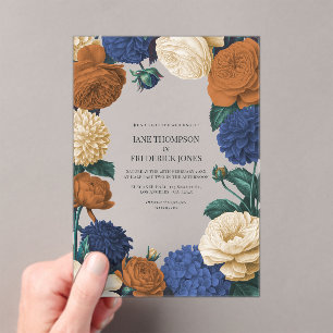 Navy Blue, Burnt Orange & Champagne Wedding Acrylic Invitations