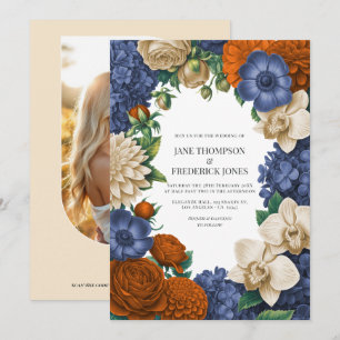 Navy Blue, Burnt Orange & Champagne Wedding Invitation