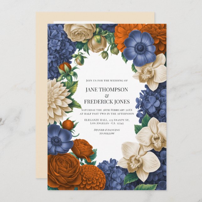 Navy Blue, Burnt Orange & Champagne Wedding Invitation (Front/Back)
