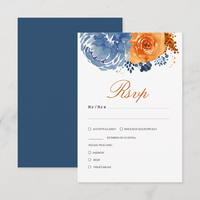Navy Blue Burnt Orange Fall Floral Wedding RSVP Card (Front/Back)