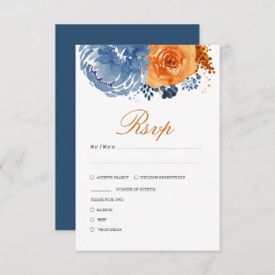 Navy Blue Burnt Orange Fall Floral Wedding RSVP Card