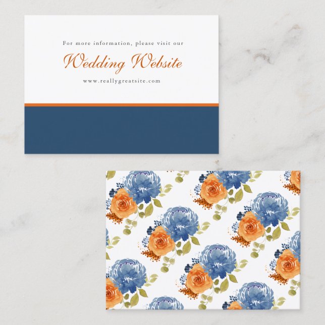 Navy Blue Burnt Orange Floral Boho Wedding Website Business Card (Front/Back)