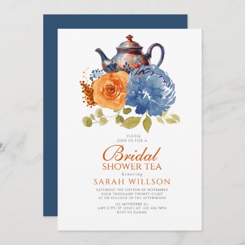 Navy Blue Burnt Orange Floral Bridal Shower Tea Invitation