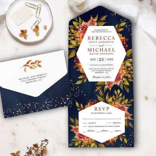 Navy Blue Burnt Orange Floral Fall Autumn Wedding All In One Invitation