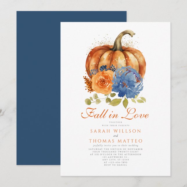 Navy Blue Burnt Orange Floral Fall In Love  Invitation (Front/Back)