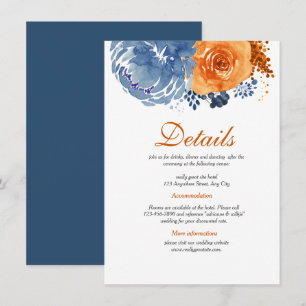 Navy Blue Burnt Orange Floral Fall Wedding Details Enclosure Card