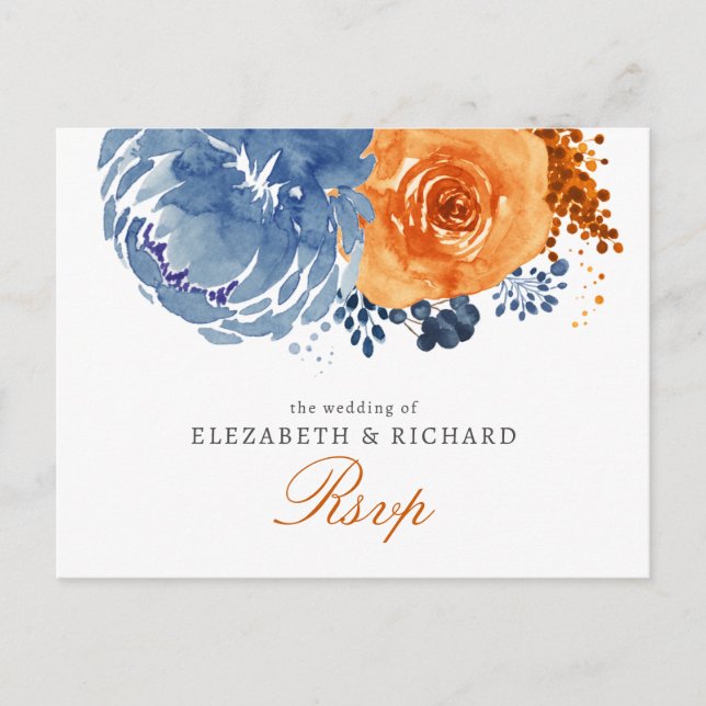 Navy Blue Burnt Orange Floral Fall Wedding Rsvp Postcard (Front)