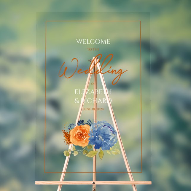 Navy Blue Burnt Orange Floral Fall Wedding Welcome Acrylic Sign (Neutral)