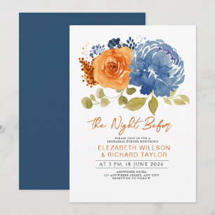 Navy Blue Burnt Orange Floral Rehearsal Dinner Invitation