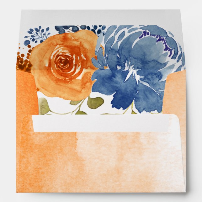Navy Blue  Burnt Orange Floral Terracotta Wedding Envelope (Back (Bottom))