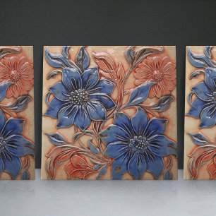 Navy Blue Burnt Orange Floral Wall Decor Ceramic Tile