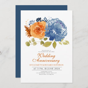 Navy Blue  Burnt Orange Floral Wedding Anniversary Invitation