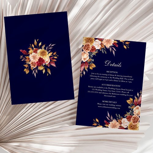 Navy Blue  Burnt Orange  Floral Wedding Details Invitation