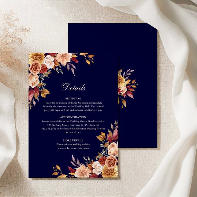 Navy Blue & Burnt Orange  Floral Wedding Details Invitation (Navy Blue & Burnt Orange Floral Wedding Details Invitation on an elegant silky tablecloth)