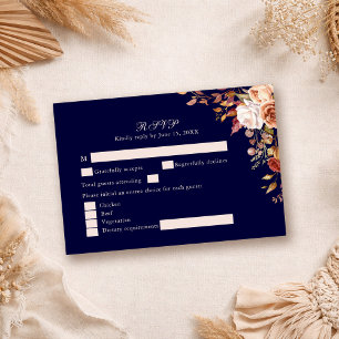 Navy Blue Burnt Orange Floral Wedding RSVP Card