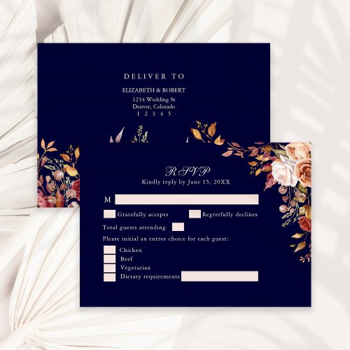 Navy Blue Burnt Orange Floral Wedding RSVP Card