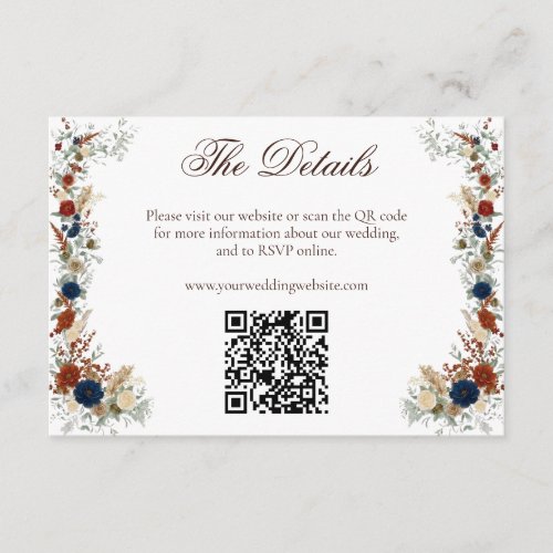 Navy Blue & Burnt Orange Floral Wedding Website QR Enclosure Card
