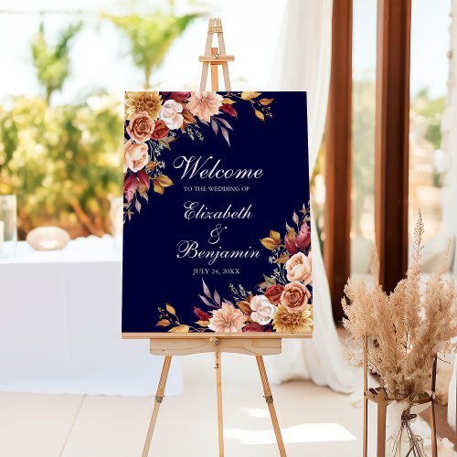 Navy Blue Burnt Orange Floral Wedding Welcome Foam Board