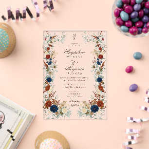 Navy Blue & Burnt Orange Florals Rust Fall Wedding Acrylic Invitations