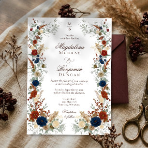 Navy Blue & Burnt Orange Florals Rust Fall Wedding Invitation