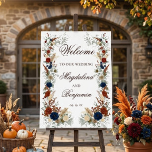Navy Blue & Burnt Orange Florals Wedding Welcome Foam Board