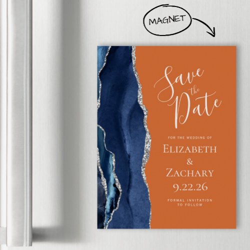 Navy Blue Burnt Orange Magnetic Save the Date