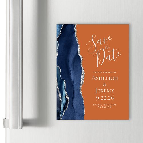 Navy Blue Burnt Orange Magnetic Save the Date Card