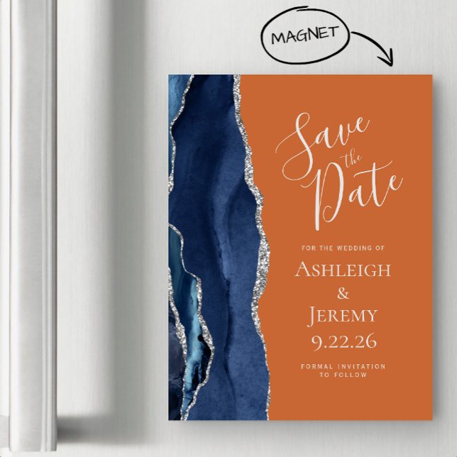 Navy Blue Burnt Orange Magnetic Save the Date Card (Creator Uploaded)