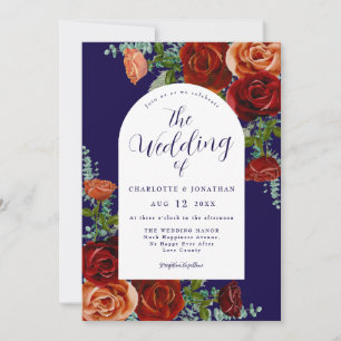 Navy Blue Burnt Orange Rustic Floral Fall Wedding Invitation
