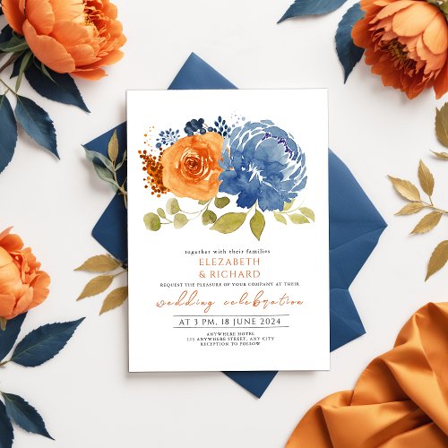  Navy Blue Burnt Orange Terracotta  Floral Wedding Invitation