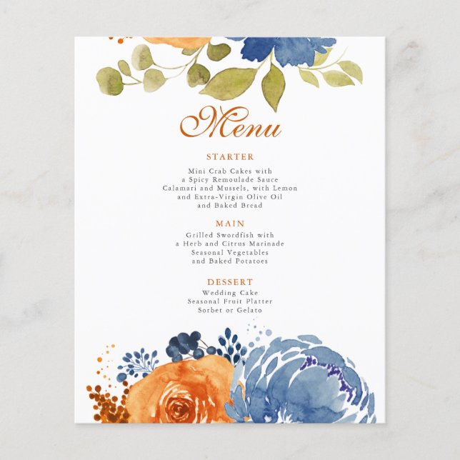 Navy Blue Burnt Orange Terracotta  Wedding Menu Flyer (Front)