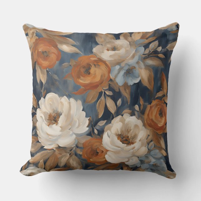 Navy Blue Burnt Orange Watercolor Floral Throw Pillow (Front)