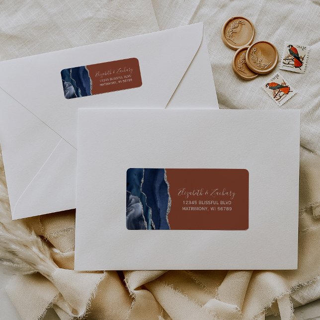 Navy Blue Burnt Orange Wedding Return Address Label (Creator Uploaded)