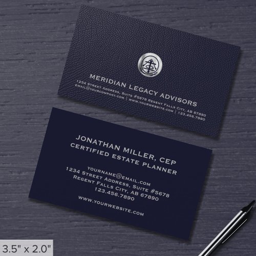 Navy Blue Business Cards with Silver Seal Logo