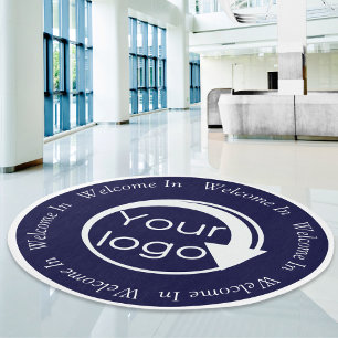 Navy Blue Business Company logo Welcome Round Outdoor Rug