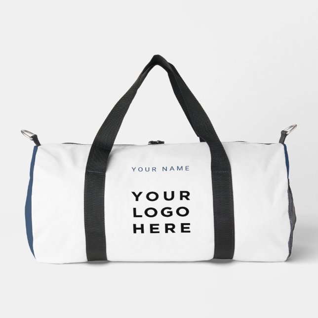 Navy Blue Business Logo Name Instagram Fitness Duffle Bag (Front)