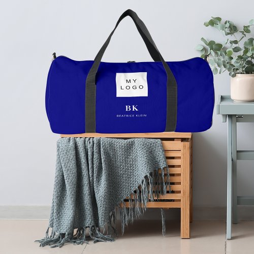 Navy blue business logo name monogram duffle bag