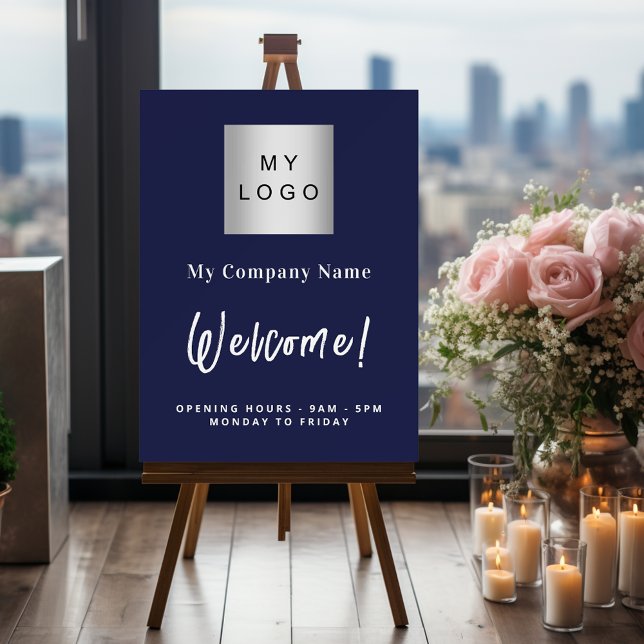 Navy blue business logo name opening hours foam board (Creator Uploaded)