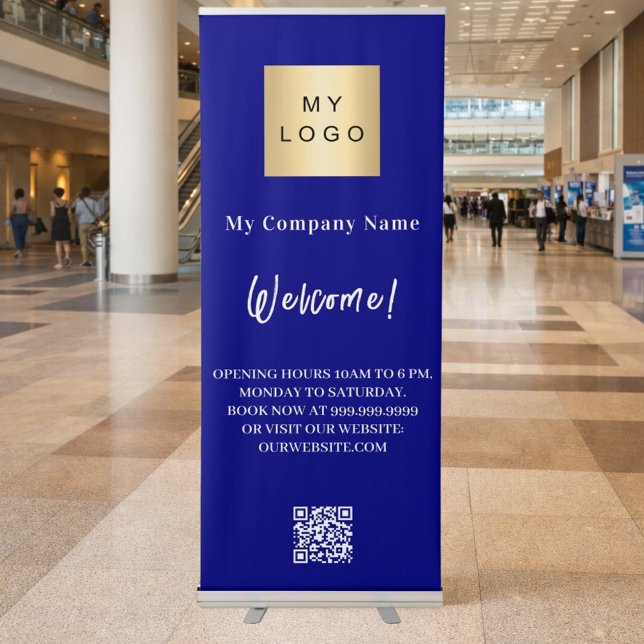 Navy blue business logo opening hours QR code Retractable Banner (Creator Uploaded)