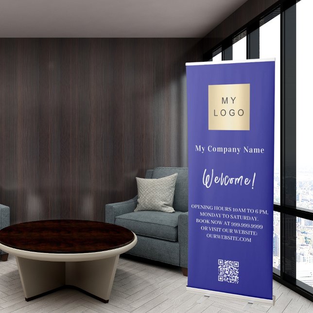 Navy blue business logo opening hours QR code Retractable Banner (Creator Uploaded)