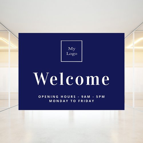 Navy blue business logo opening hours welcome window cling
