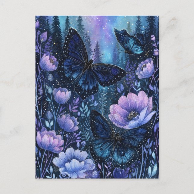 Navy Blue Butterfly in Pine Forest Night Sky Postcard (Front)