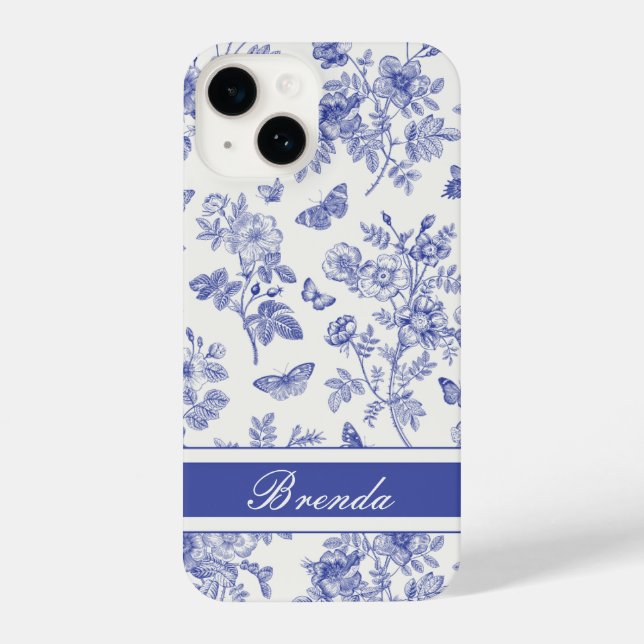 Navy Blue Butterfly Toile iPhone 14 Case (Back)