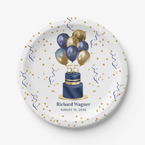 Navy Blue Cake 55th Birthday Paper Plates