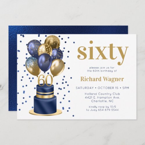 Navy Blue Cake 60th Birthday Invitation