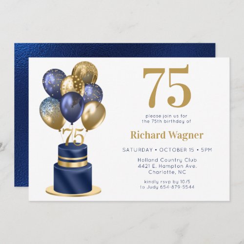 Navy Blue Cake 75th Birthday Invitation