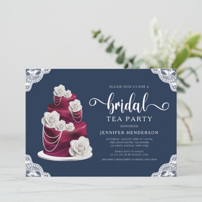 Navy Blue Cake And Lace Bridal Shower Tea Party  Invitation (Standing Front)
